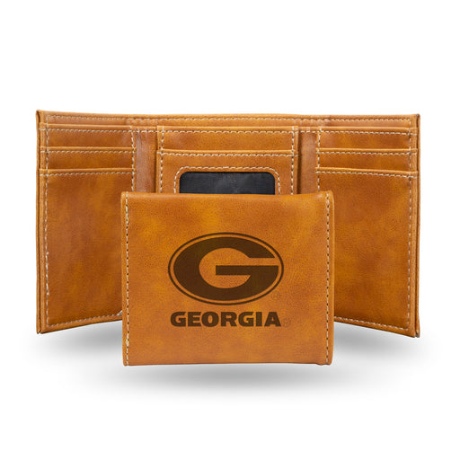 Georgia Bulldogs Brown Laser Engraved Tri-Fold Wallet - Men's Accessory    